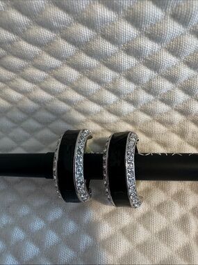 Vintage Carolee Lux Black Enamel Crystal Hoop Earrings